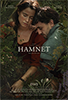 The poster of "Hamnet," with Jessie Buckley and Paul Mescal snuggling amid green blooming plants in the forest.